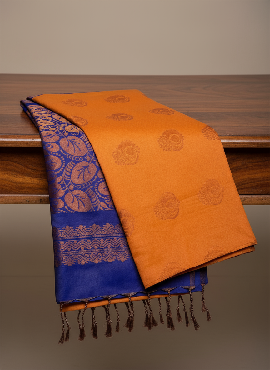 Vibrant Orange and Royal Blue Soft Silk Borderless Saree