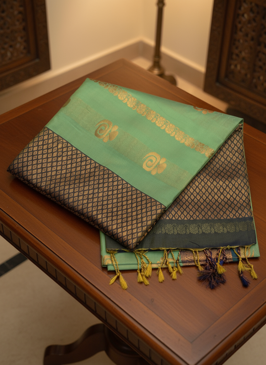 Light Green Soft Silk Saree with Rich Navy Blue Zari Design