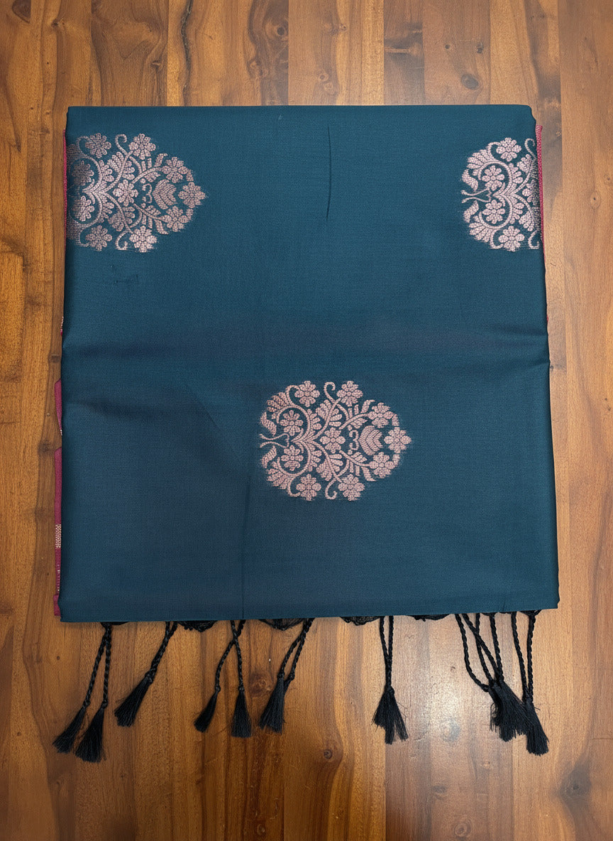 Exquisite Dark Blue & Rani Pink Soft Silk Saree