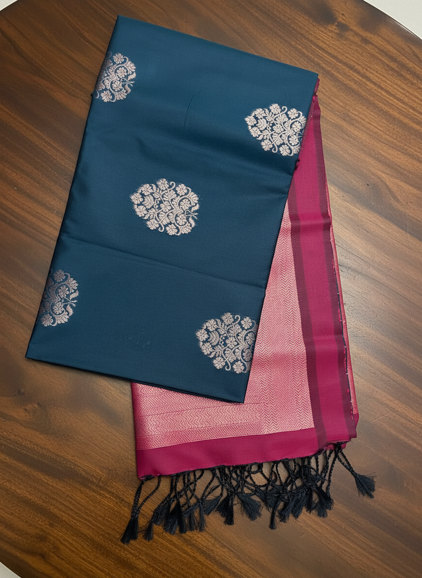 Exquisite Dark Blue & Rani Pink Soft Silk Saree