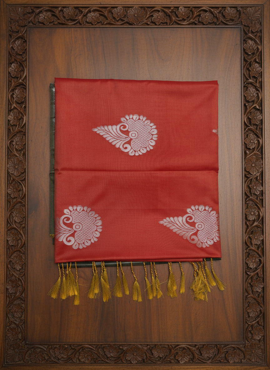 Orange Soft Silk Borderless Saree with Olive Green Pallu