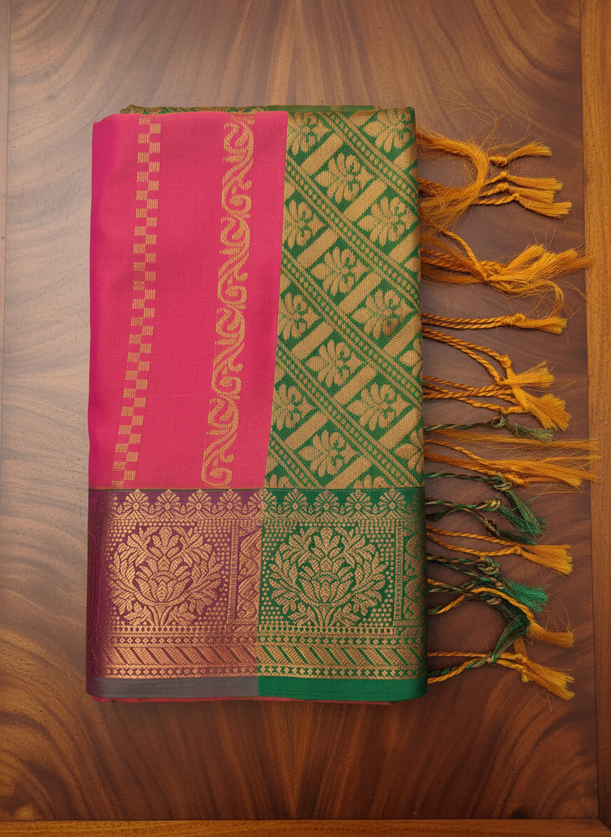 Pink & Green Soft Silk Saree with Zari Design