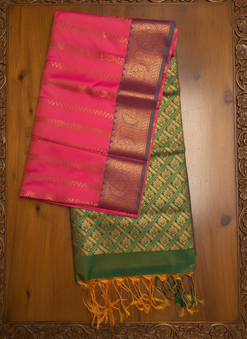 Pink & Green Soft Silk Saree with Zari Design