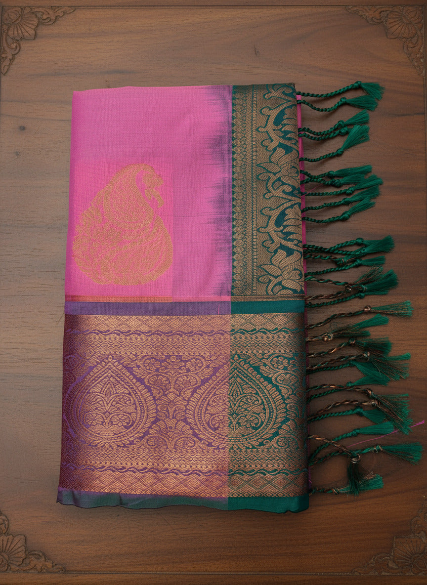 Vibrant Pink & Dark Green Pattu Saree with Rich Zari Pallu