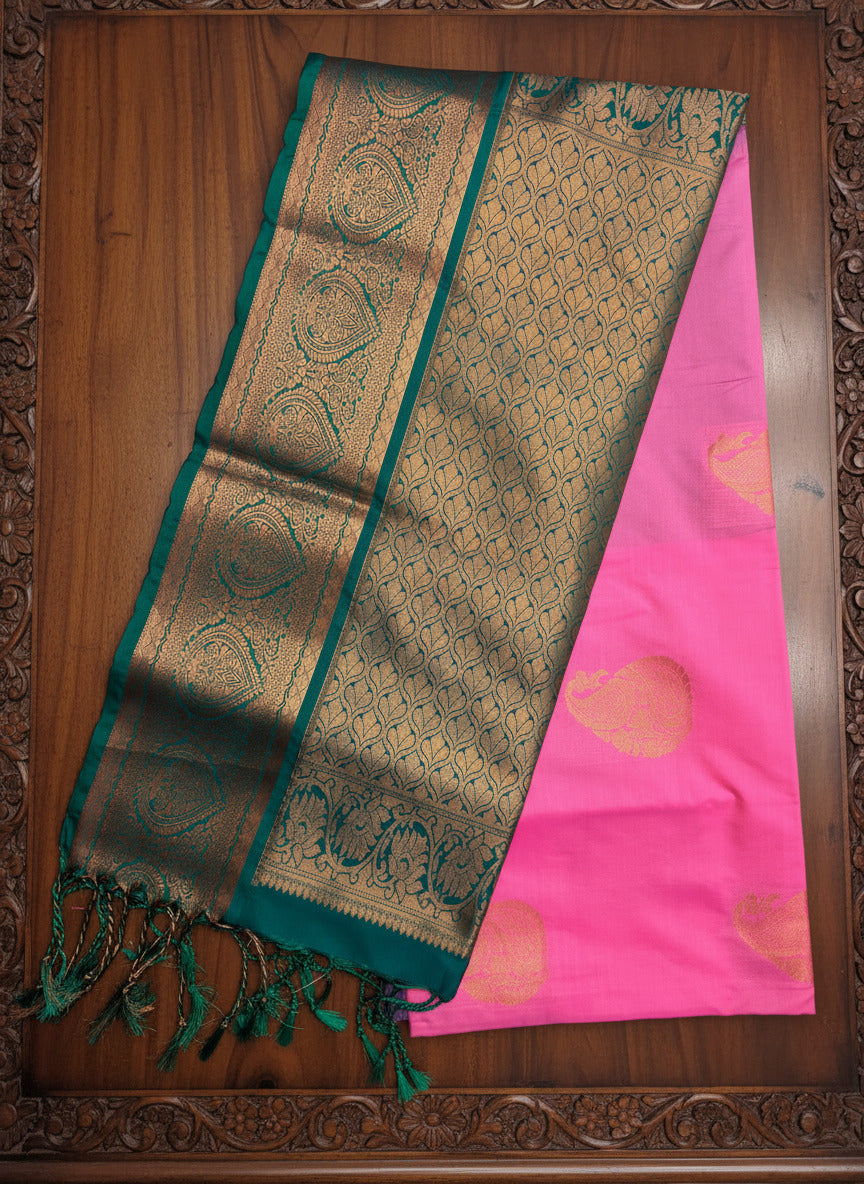 Vibrant Pink & Dark Green Pattu Saree with Rich Zari Pallu