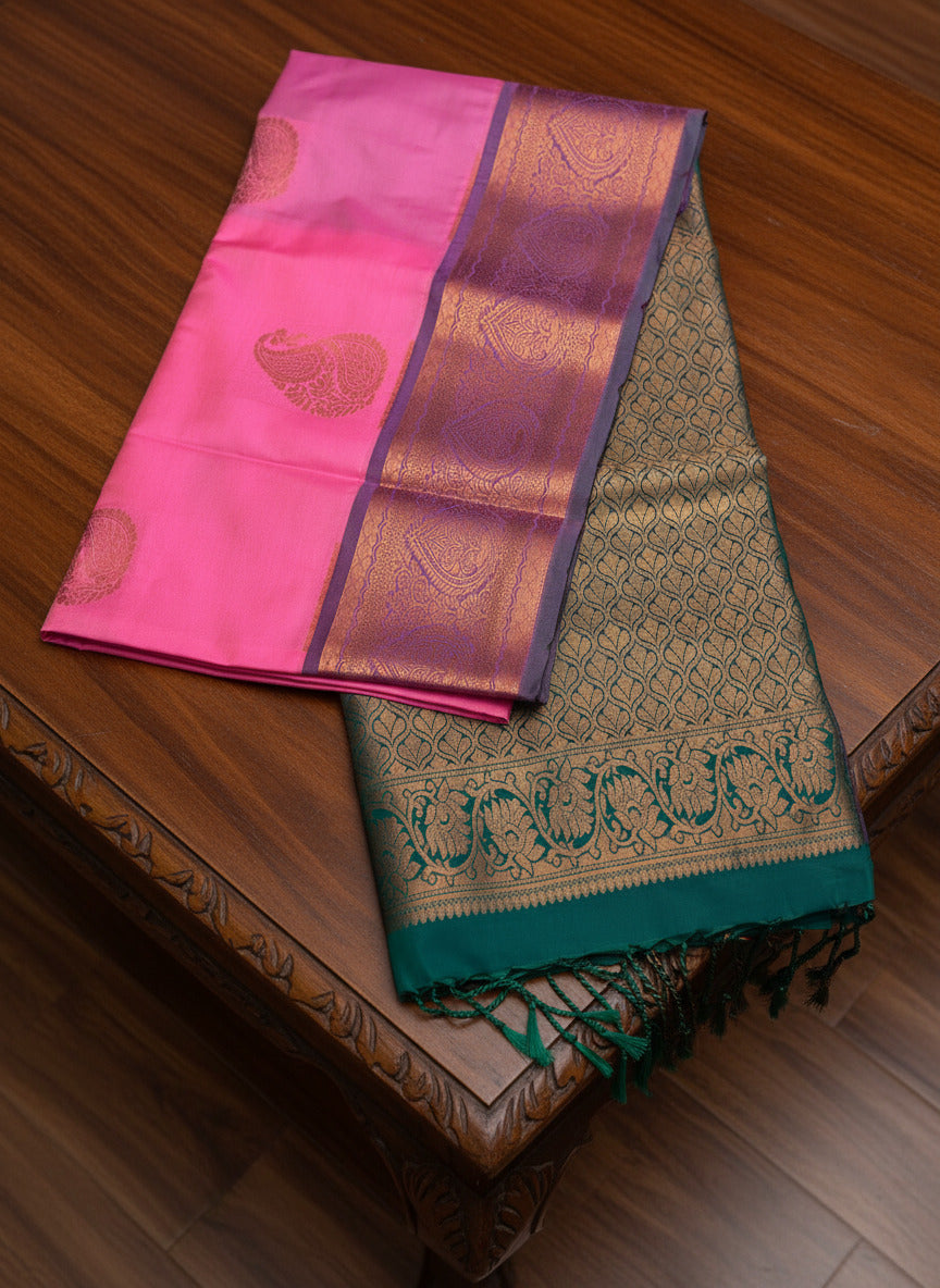 Vibrant Pink & Dark Green Pattu Saree with Rich Zari Pallu
