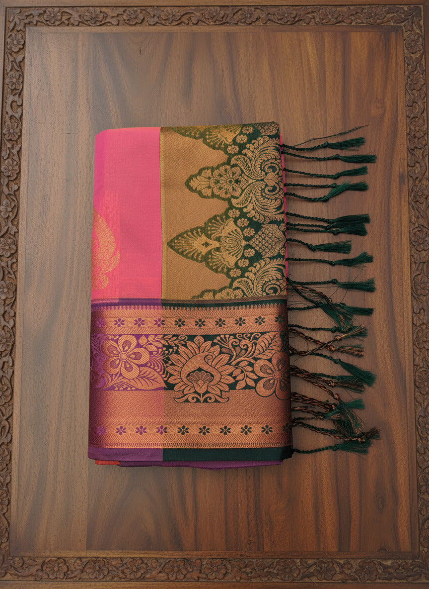 Queen Pink Pattu Saree with Rich Green Zari Pallu