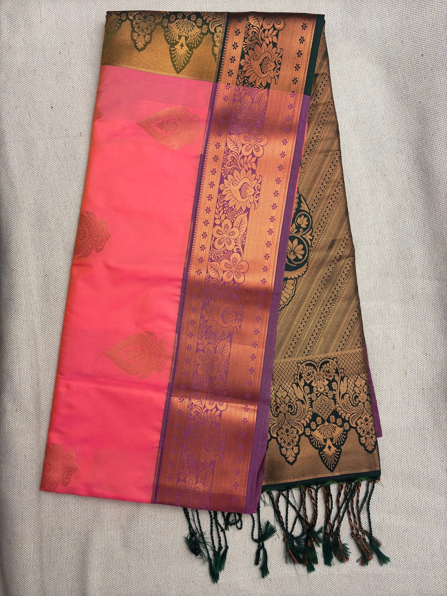 Queen Pink Pattu Saree with Rich Green Zari Pallu