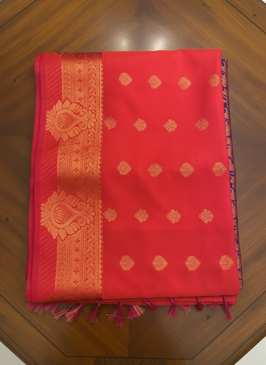 Exquisite Coral Red & Purple Pattu Saree