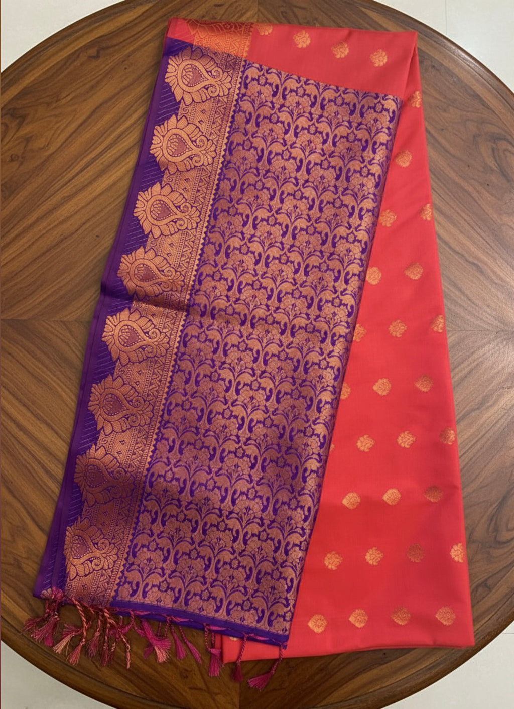 Exquisite Coral Red & Purple Pattu Saree