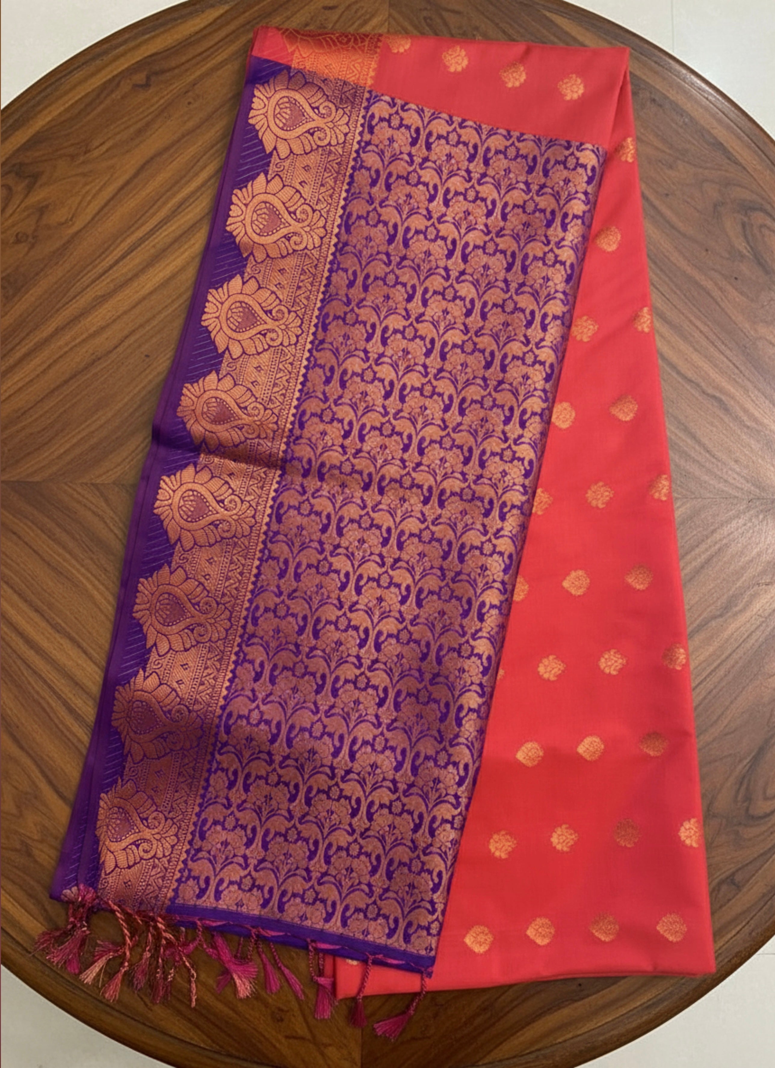 Exquisite Coral Red & Purple Pattu Saree