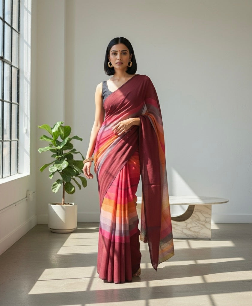 Maroon Rainbow Khadi Cotton Saree