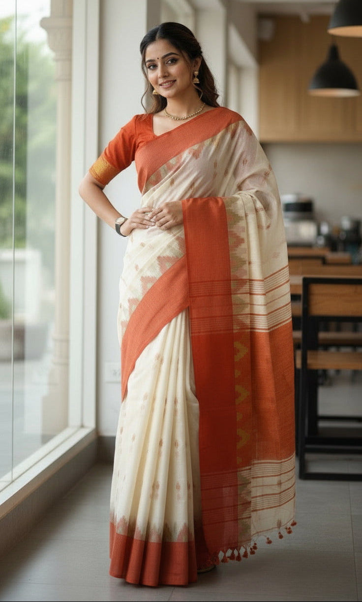 Off-White Orange Handloom Khadi Cotton Saree