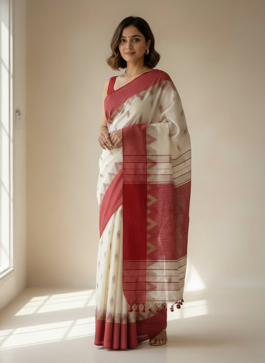 Off-White Red Handloom Khadi Cotton Saree
