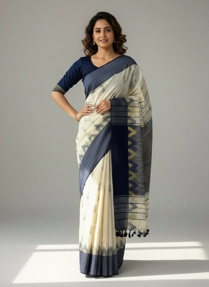 Off-White Navy Blue Handloom Khadi Cotton Saree