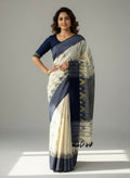 Off-White Navy Blue Handloom Khadi Cotton Saree