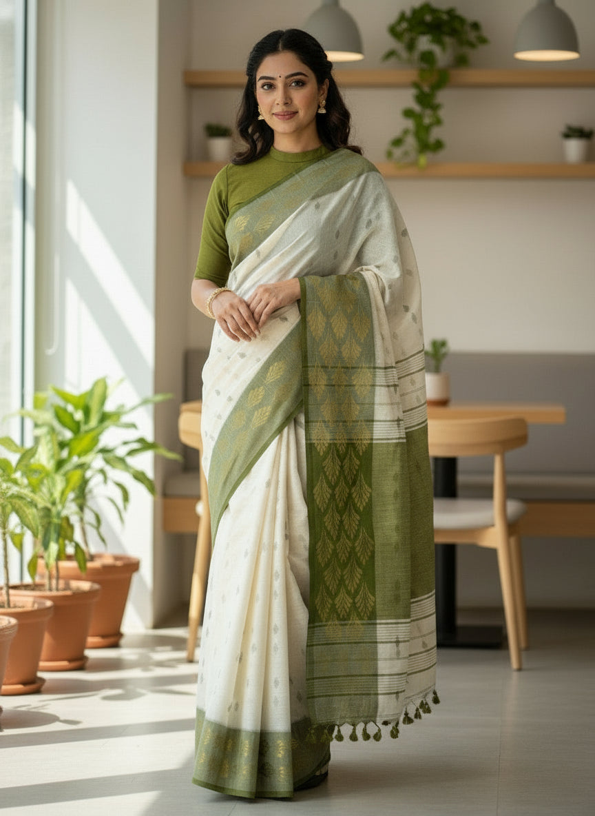 Off-White Green Handloom Khadi Cotton Saree