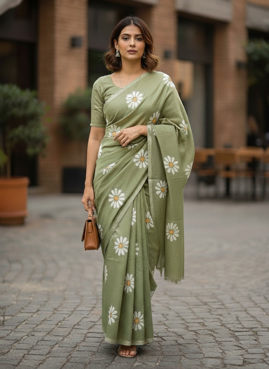 Pastel Green Sunflower Khadi Cotton Saree