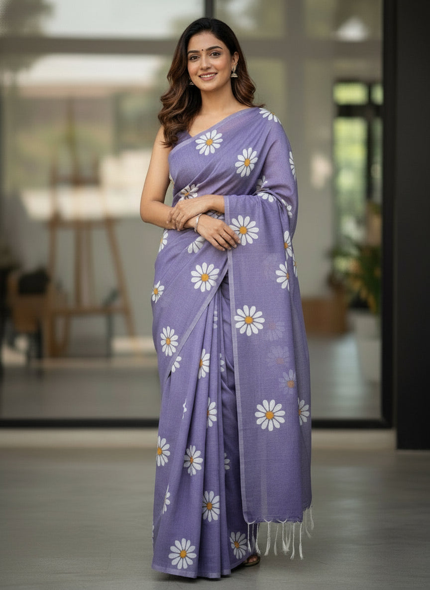 Light Lavender Sunflower Khadi Cotton Saree