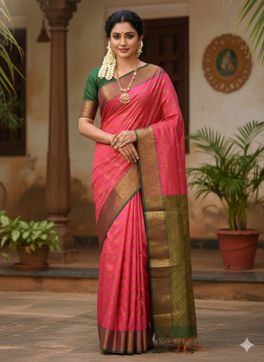 Pink & Green Soft Silk Saree with Zari Design