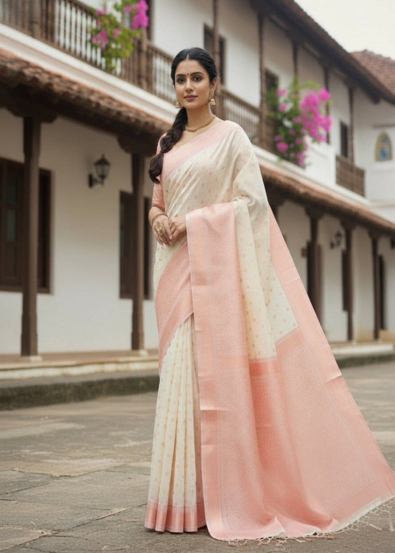 Elegant Peach and Off-White handloom Saree with Floral Motifs