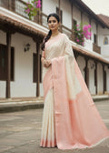 Elegant Peach and Off-White handloom Saree with Floral Motifs