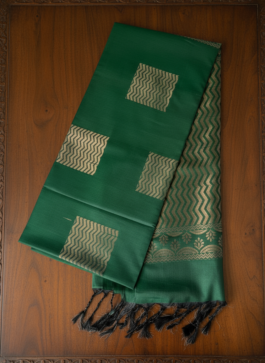 Dark Green Soft Silk Borderless Saree with Rich Golden Zari Pallu