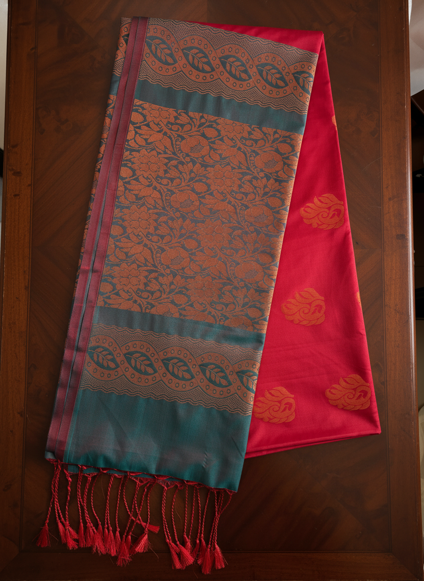 Red and Green Soft Silk Borderless Saree