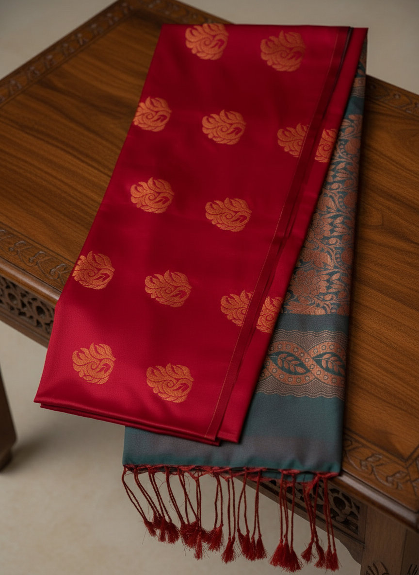 Red and Green Soft Silk Borderless Saree