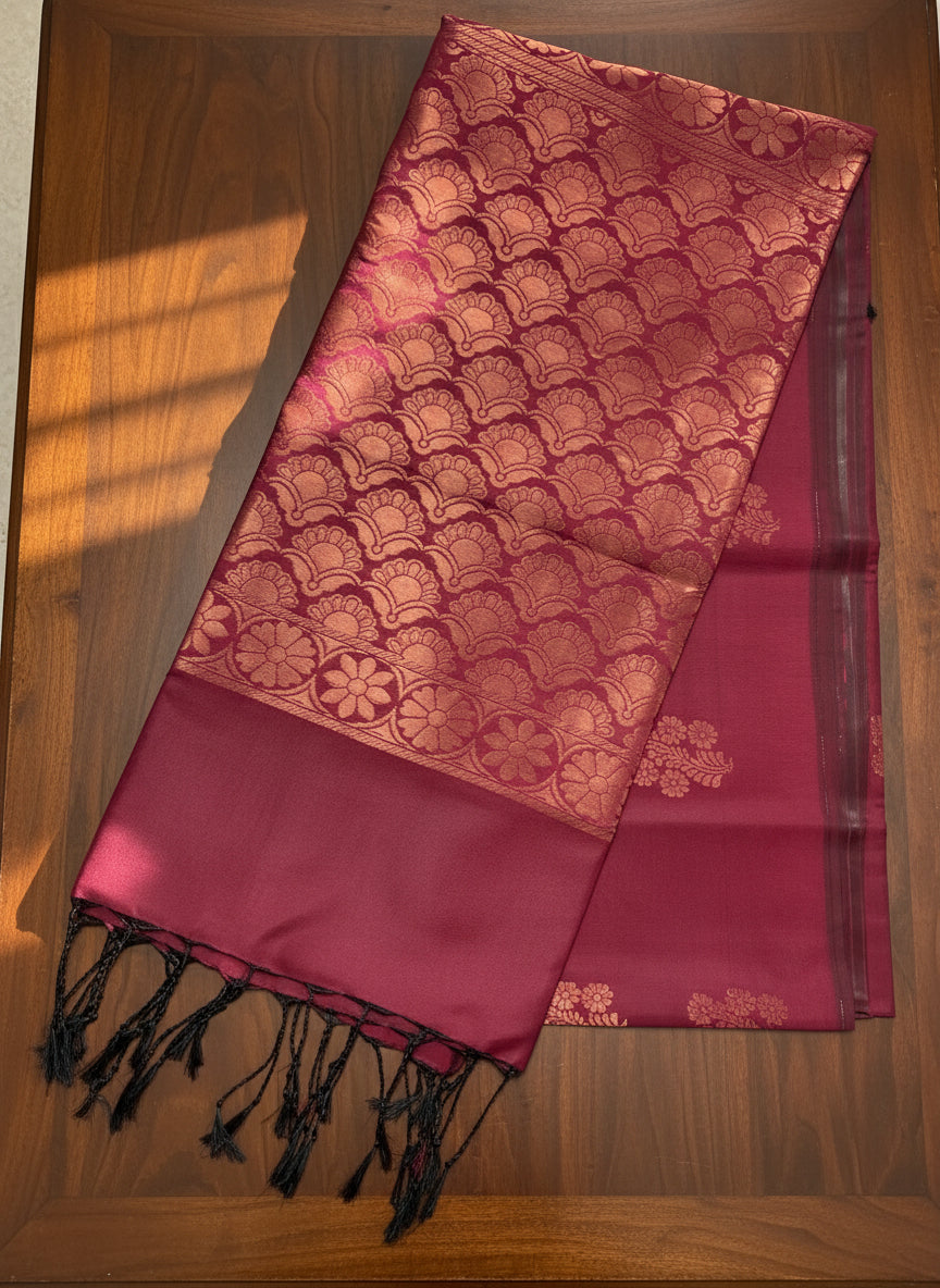 Maroon Soft Silk Borderless Saree with Rich Gold Zari Pallu