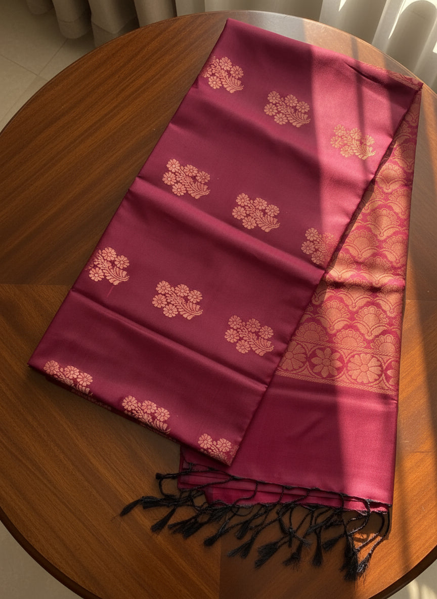 Maroon Soft Silk Borderless Saree with Rich Gold Zari Pallu