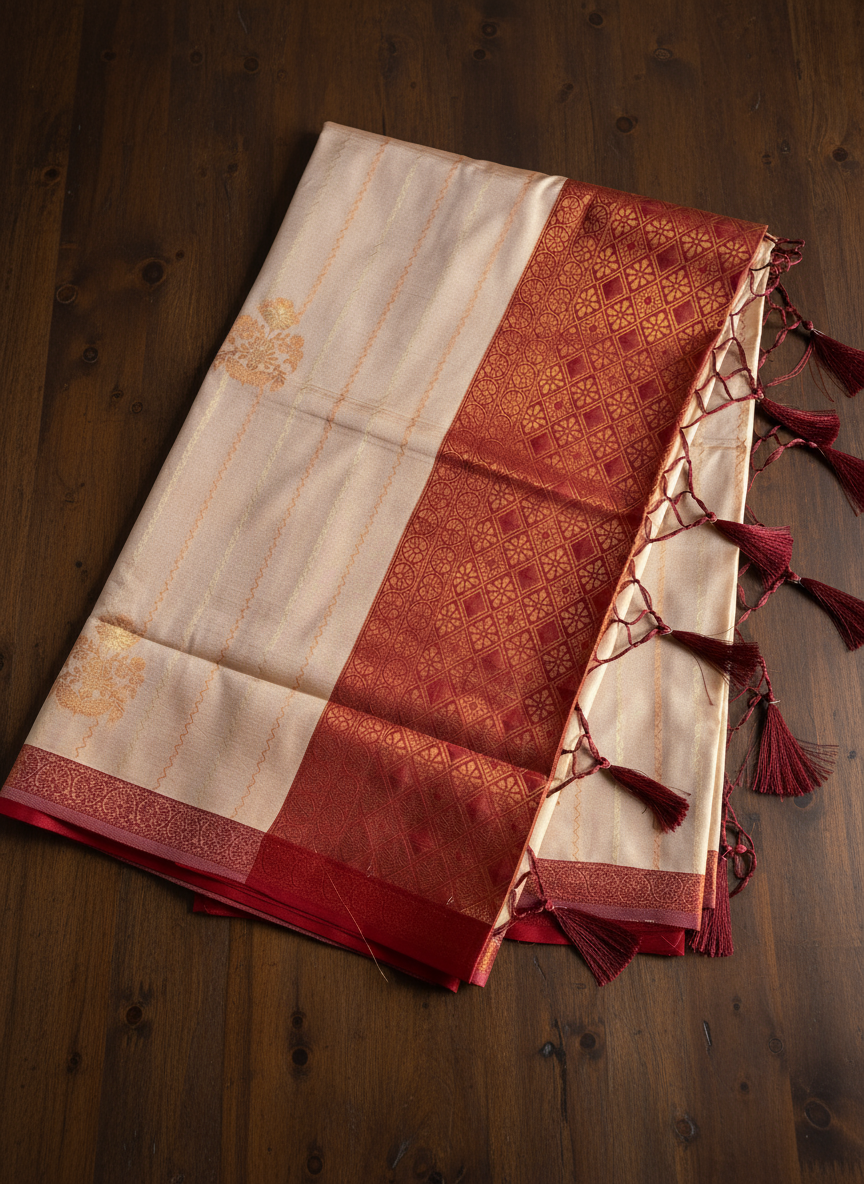 Cream & Maroon Soft Silk Saree with Rich Zari Design