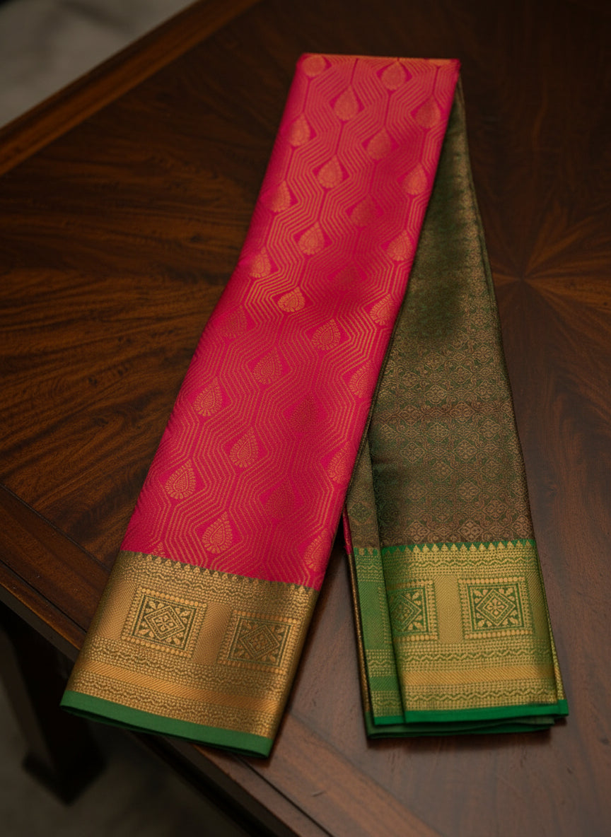 Rani Pink Vaira Oosi Pattu Saree with Rich Green Border