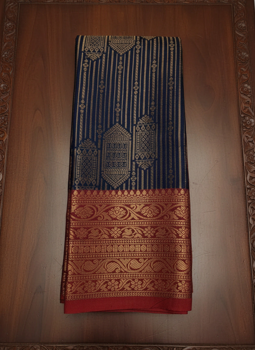Dark Blue Vaira Oosi Pattu Saree with Red Zari Design