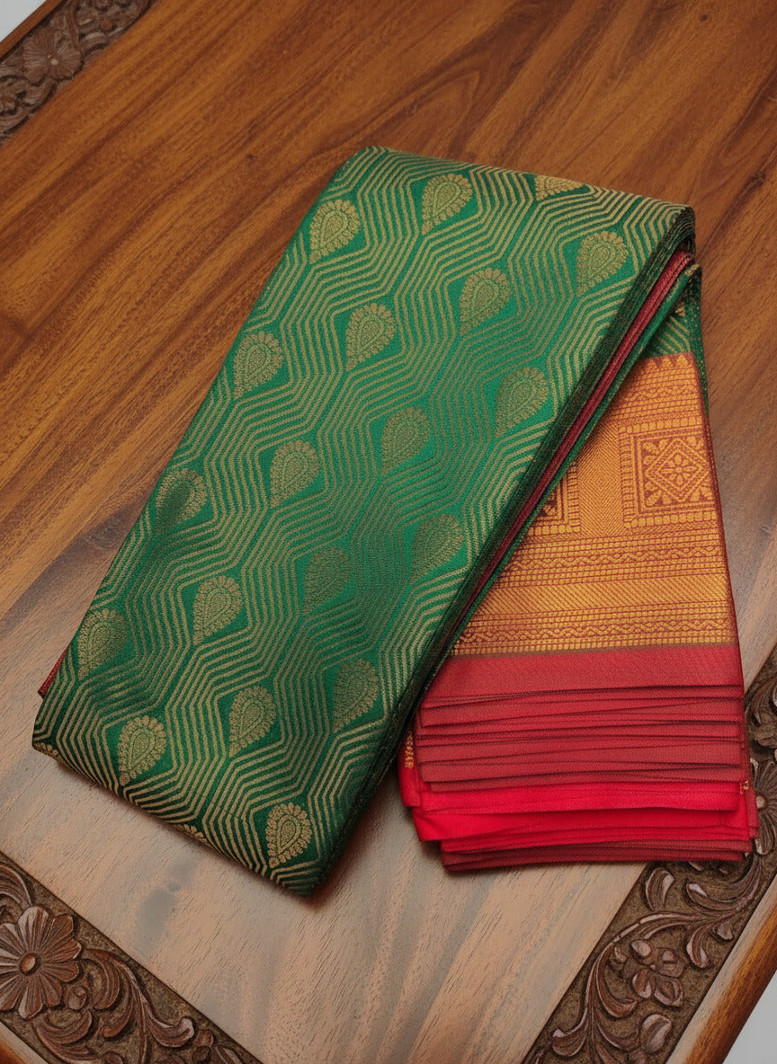Green Vaira Oosi Pattu Saree with Red Zari Design