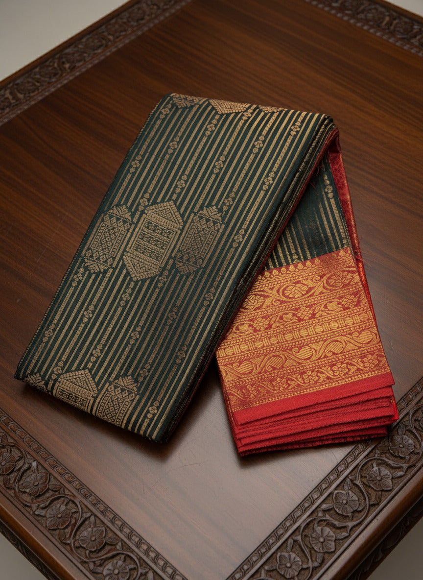 Dark Green Vaira Oosi Pattu Saree with Red Zari Design
