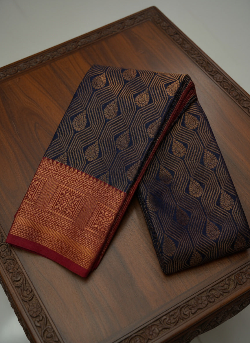 Dark Blue Vaira Oosi Pattu Saree with Red Zari Design