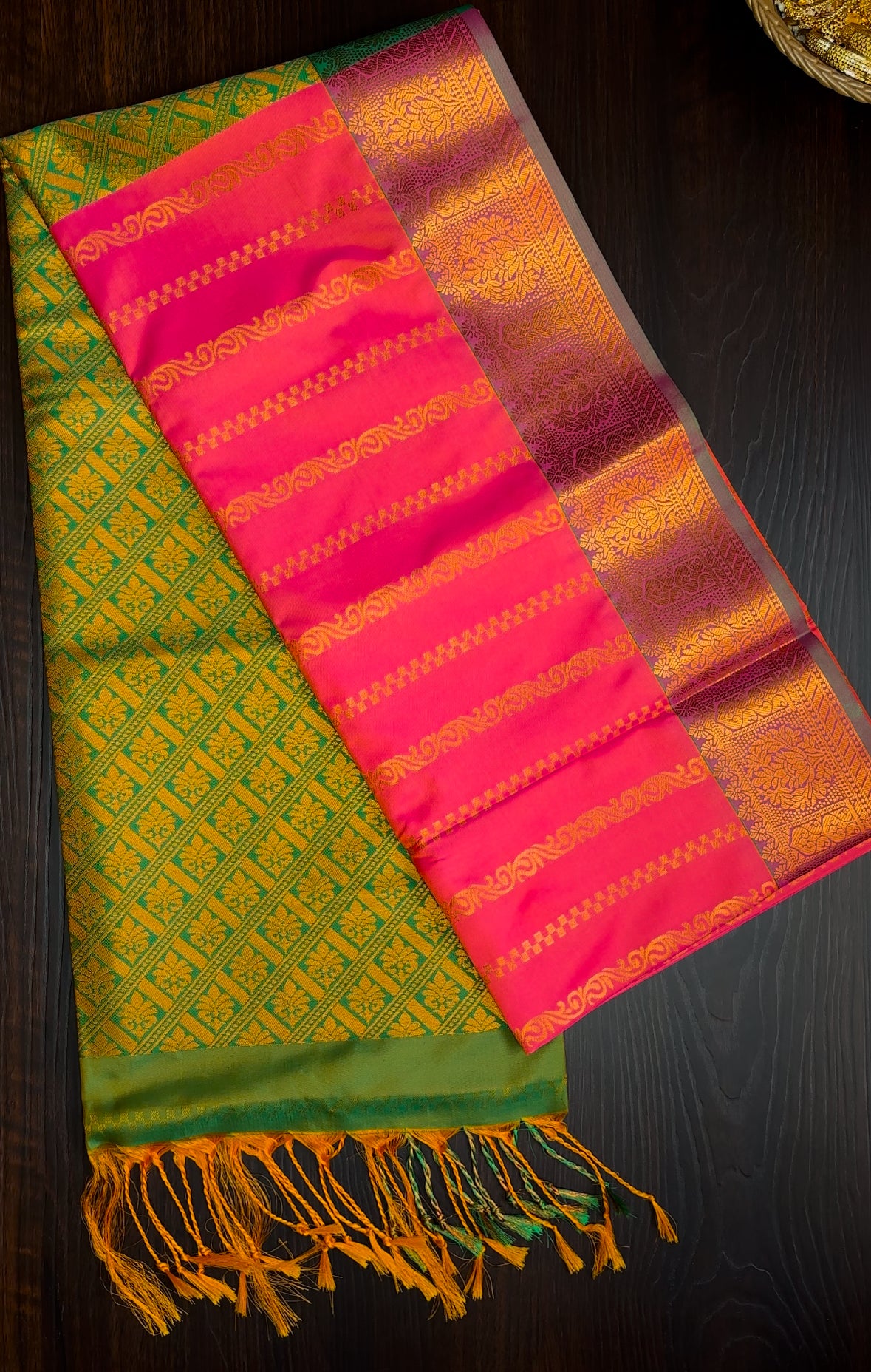 Pink & Green Soft Silk Saree with Zari Design