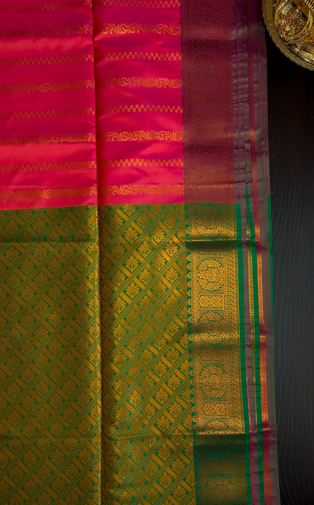 Pink & Green Soft Silk Saree with Zari Design