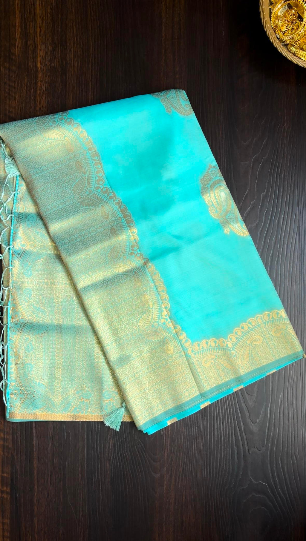 Teal Blue Silk Saree with Gold Zari Border & Tassels