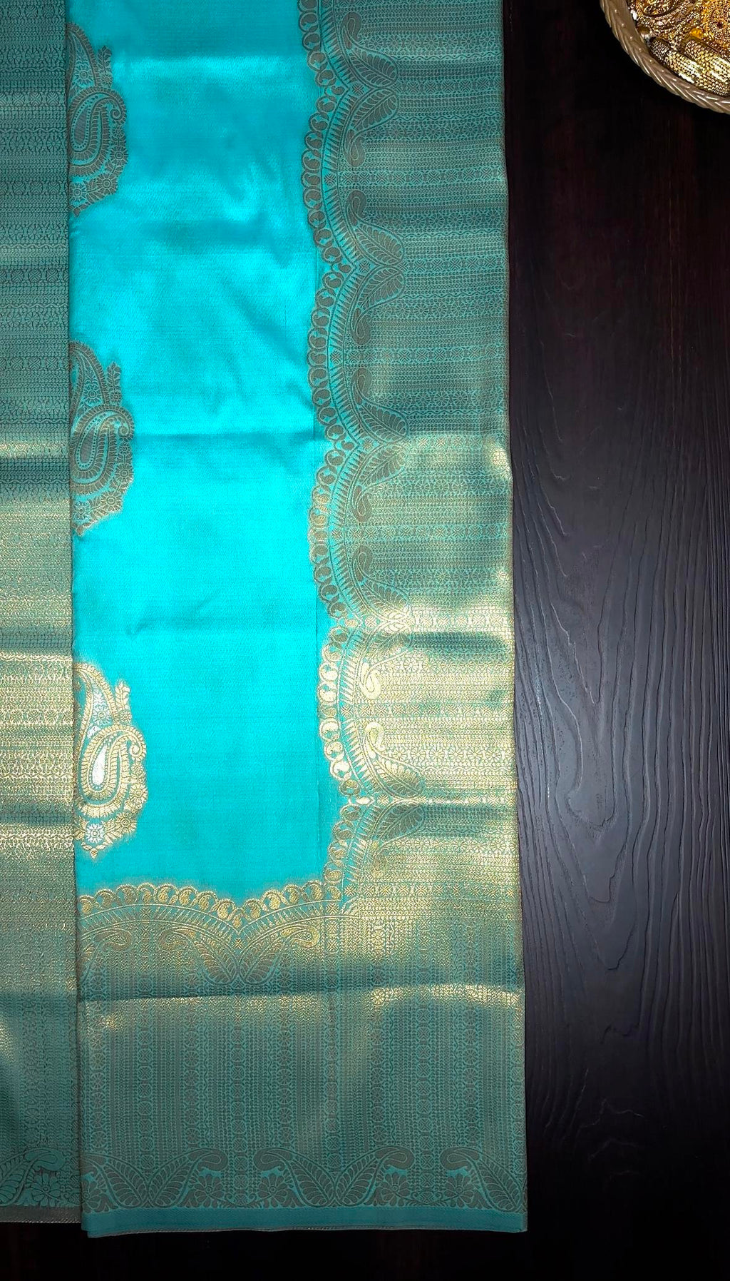 Teal Blue Silk Saree with Gold Zari Border & Tassels