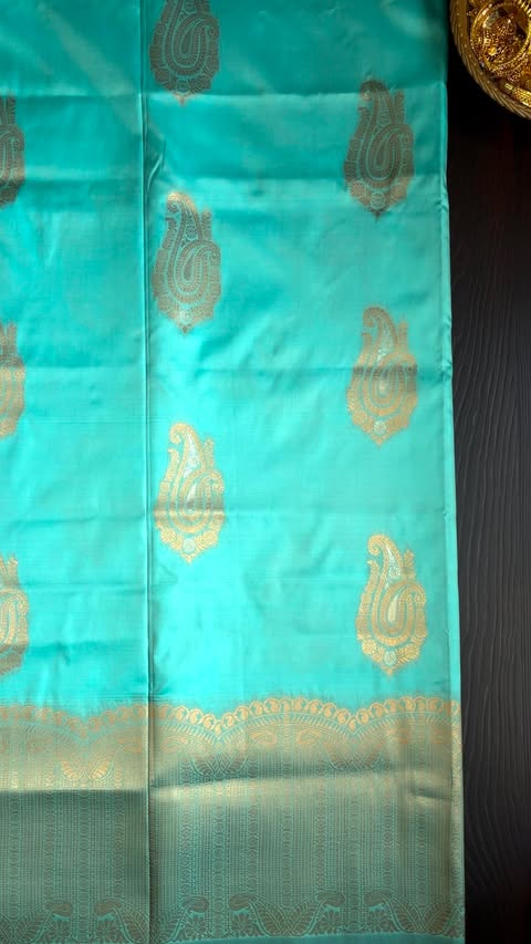 Teal Blue Silk Saree with Gold Zari Border & Tassels
