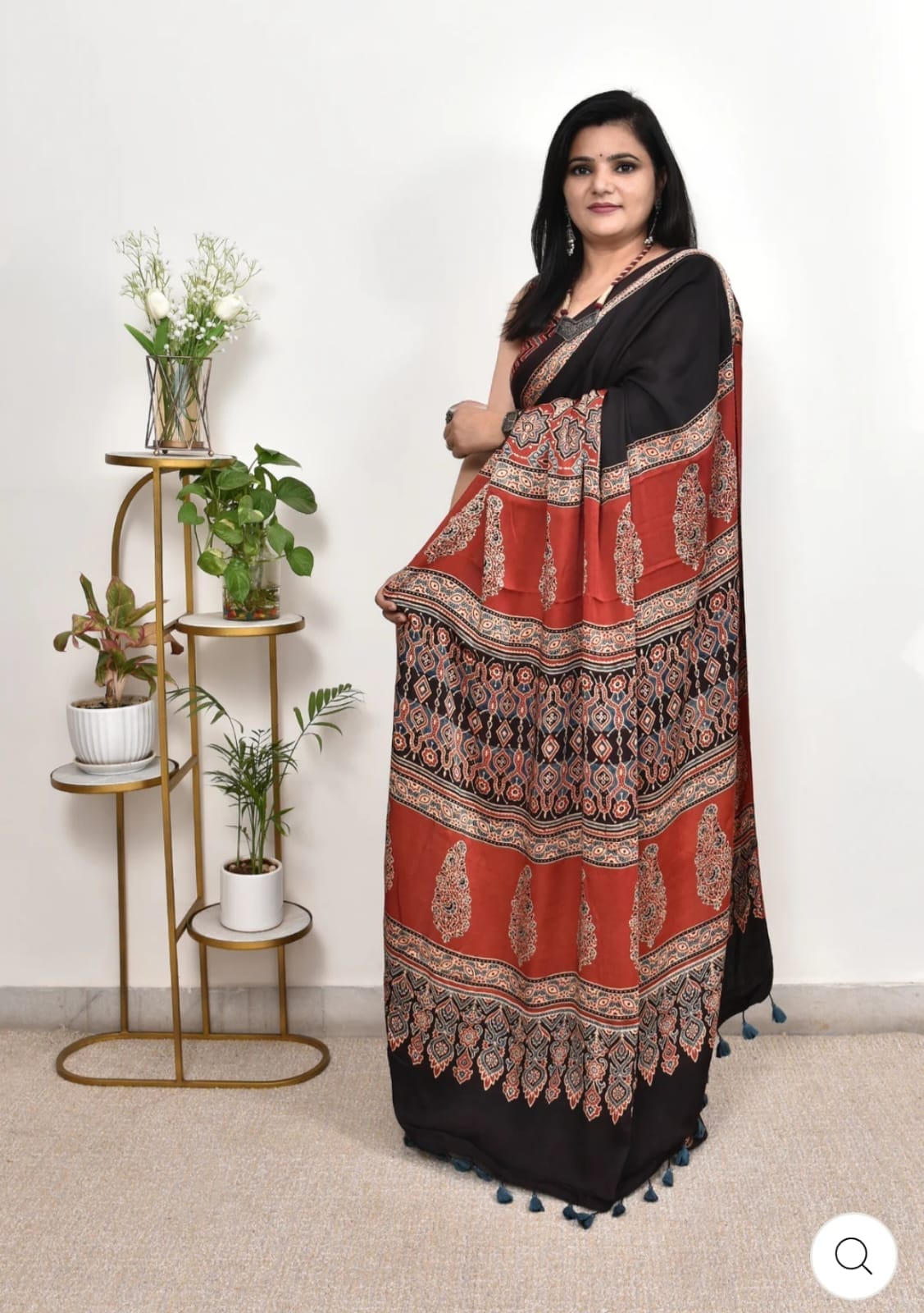 Black Ajrakh Print Saree with Red Border | Traditional Handblock Design