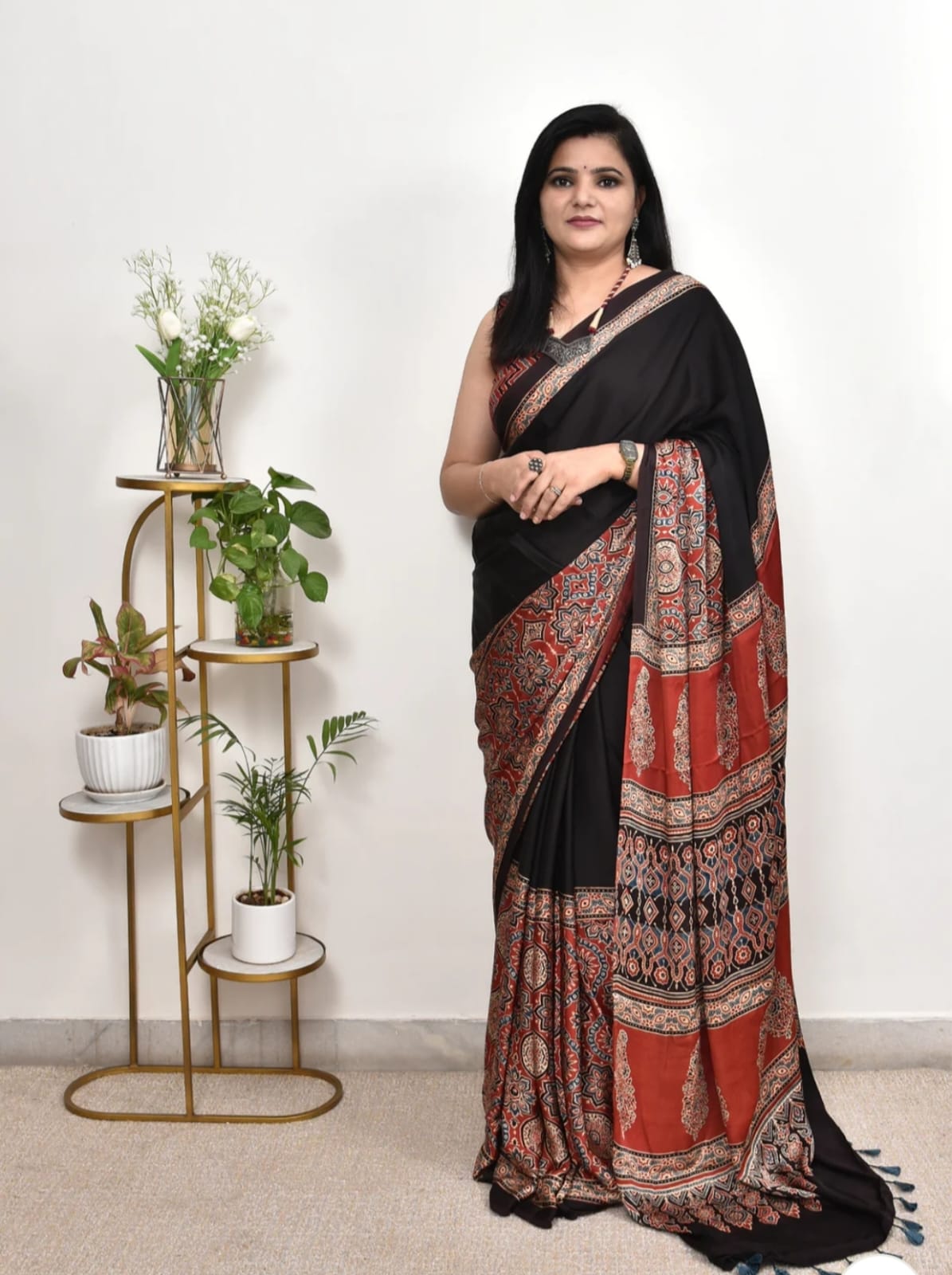 Black Ajrakh Print Saree with Red Border | Traditional Handblock Design
