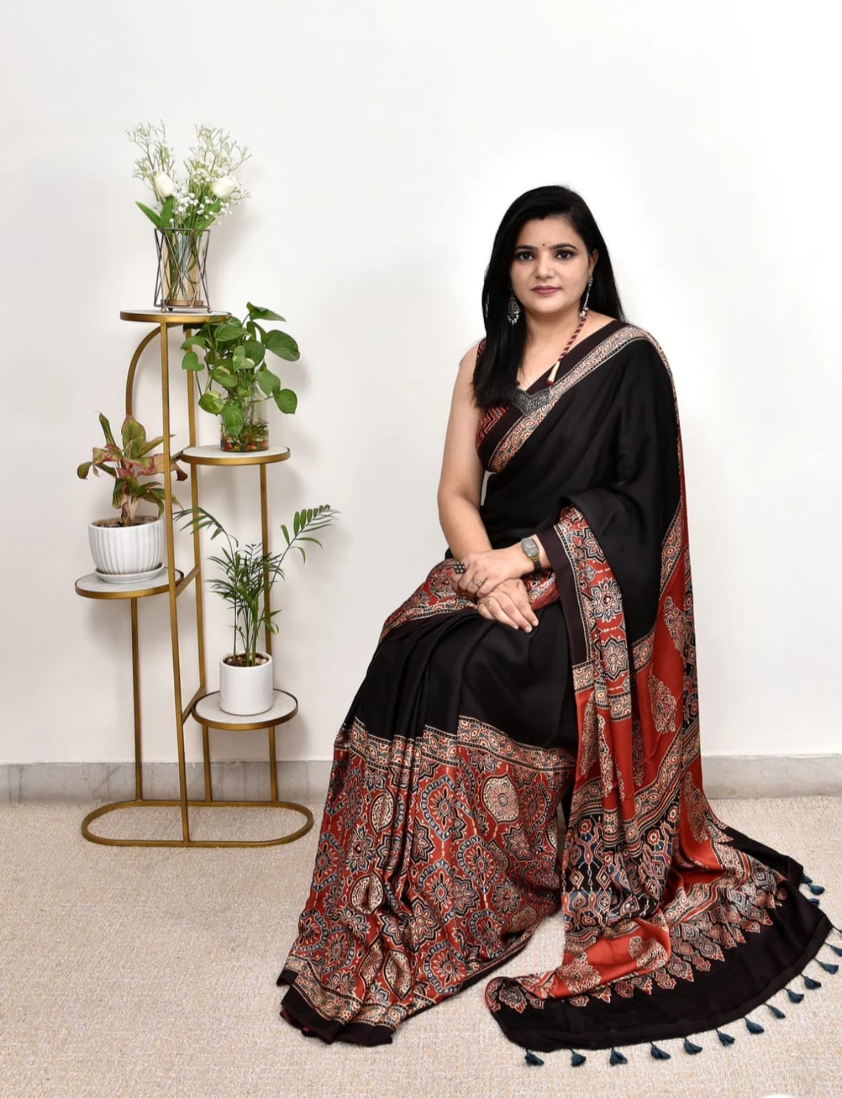 Black Ajrakh Print Saree with Red Border | Traditional Handblock Design