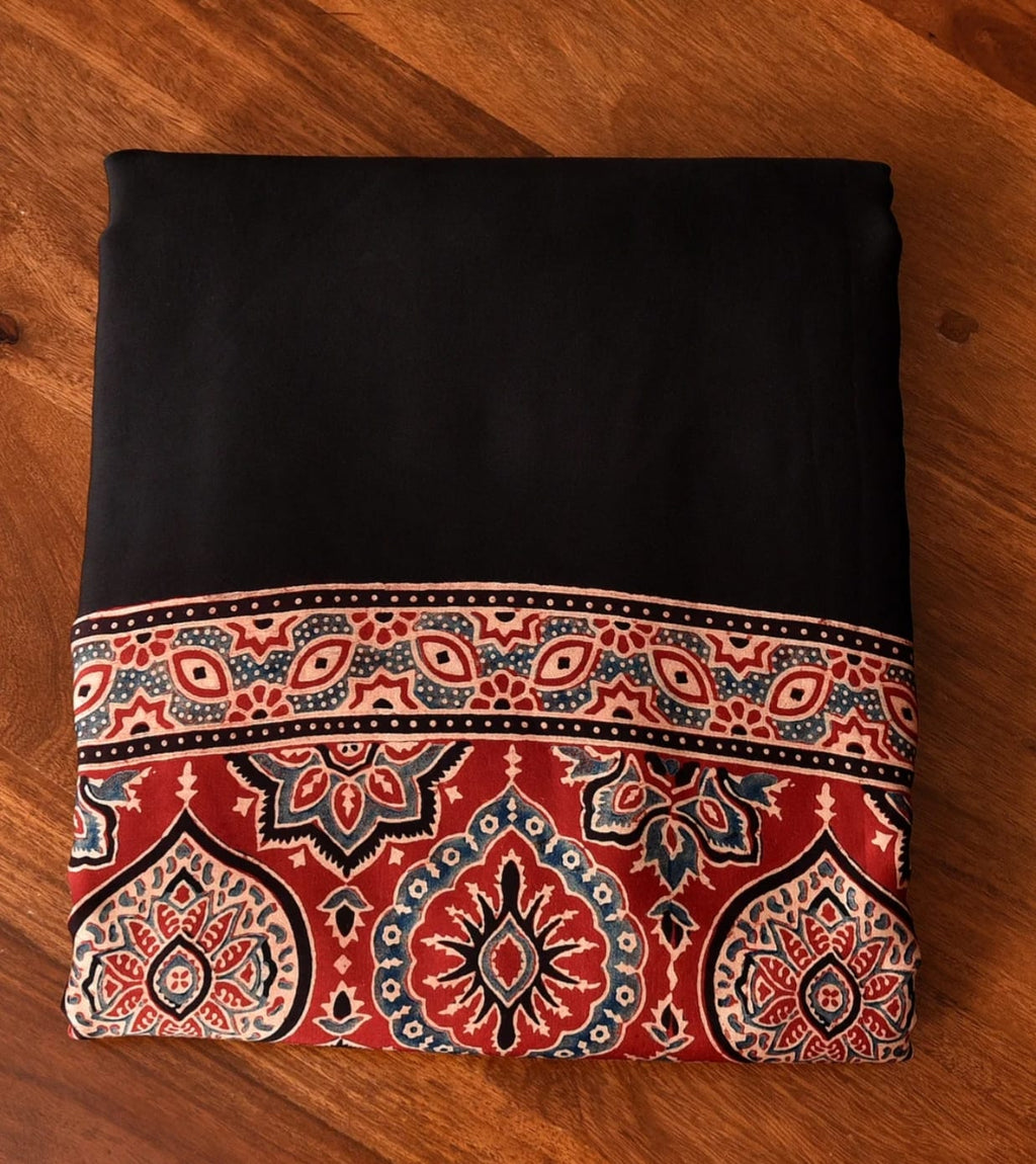 Black Ajrakh Print Saree with Red Border | Traditional Handblock Design