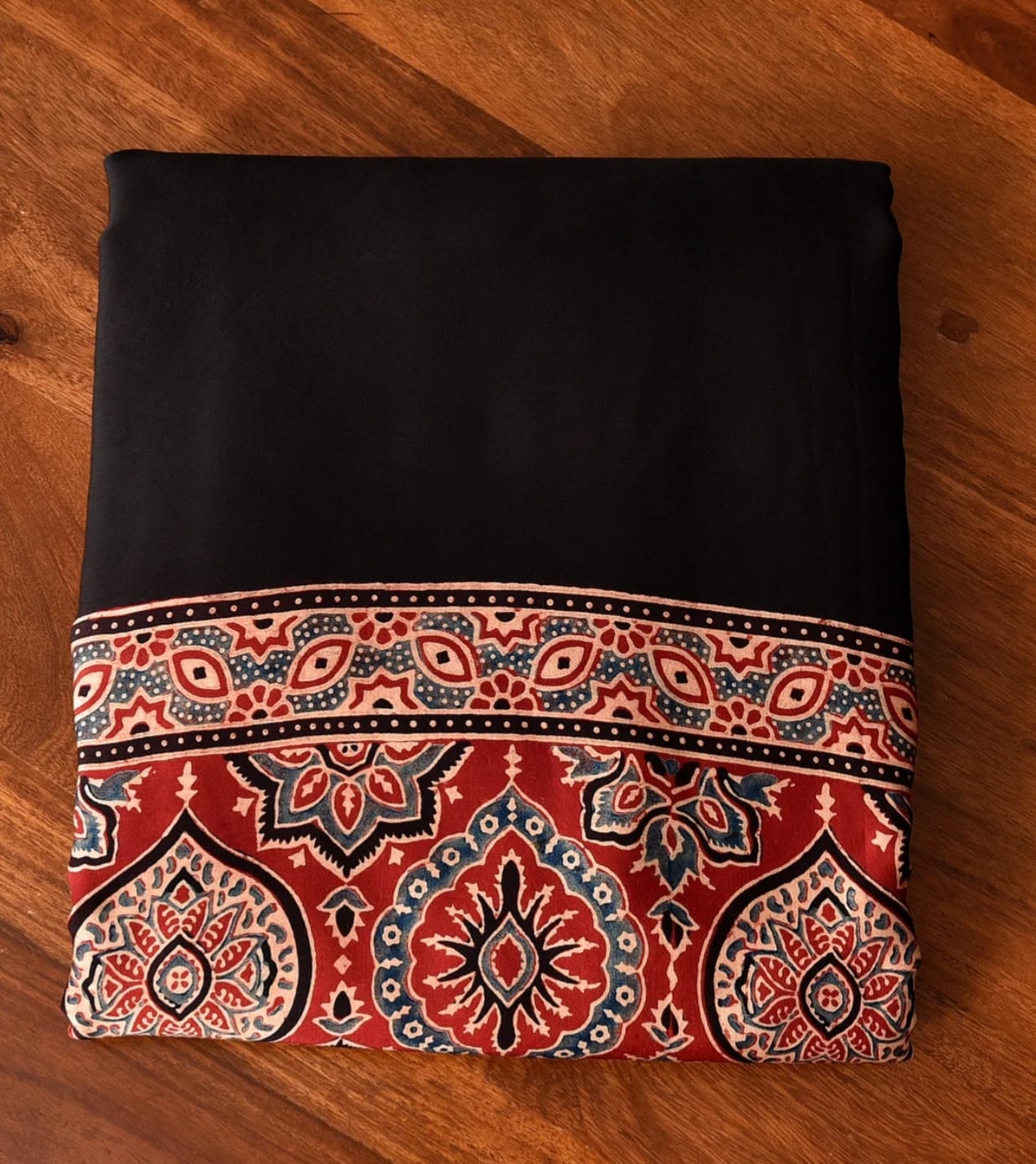 Black Ajrakh Print Saree with Red Border | Traditional Handblock Design