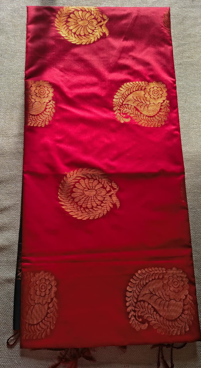 Premium Ruby Red Silk Saree with Gold Zari Peacock Butta  | Traditional Wedding & Festive Wear Saree