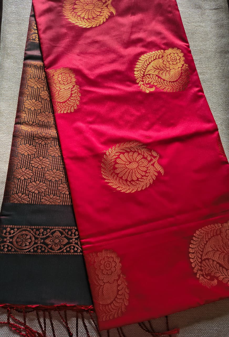 Premium Ruby Red Silk Saree with Gold Zari Peacock Butta  | Traditional Wedding & Festive Wear Saree