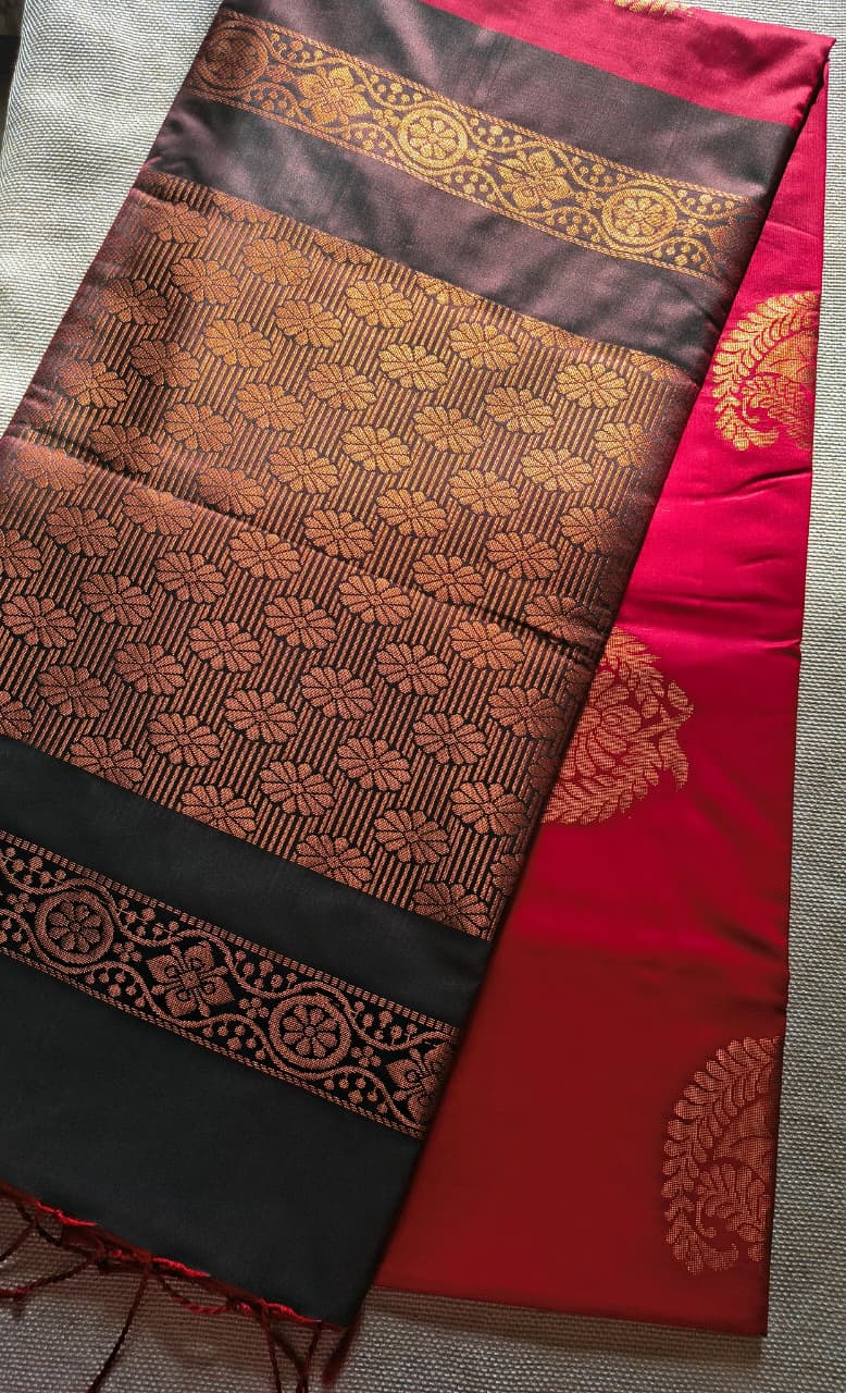 Premium Ruby Red Silk Saree with Gold Zari Peacock Butta  | Traditional Wedding & Festive Wear Saree